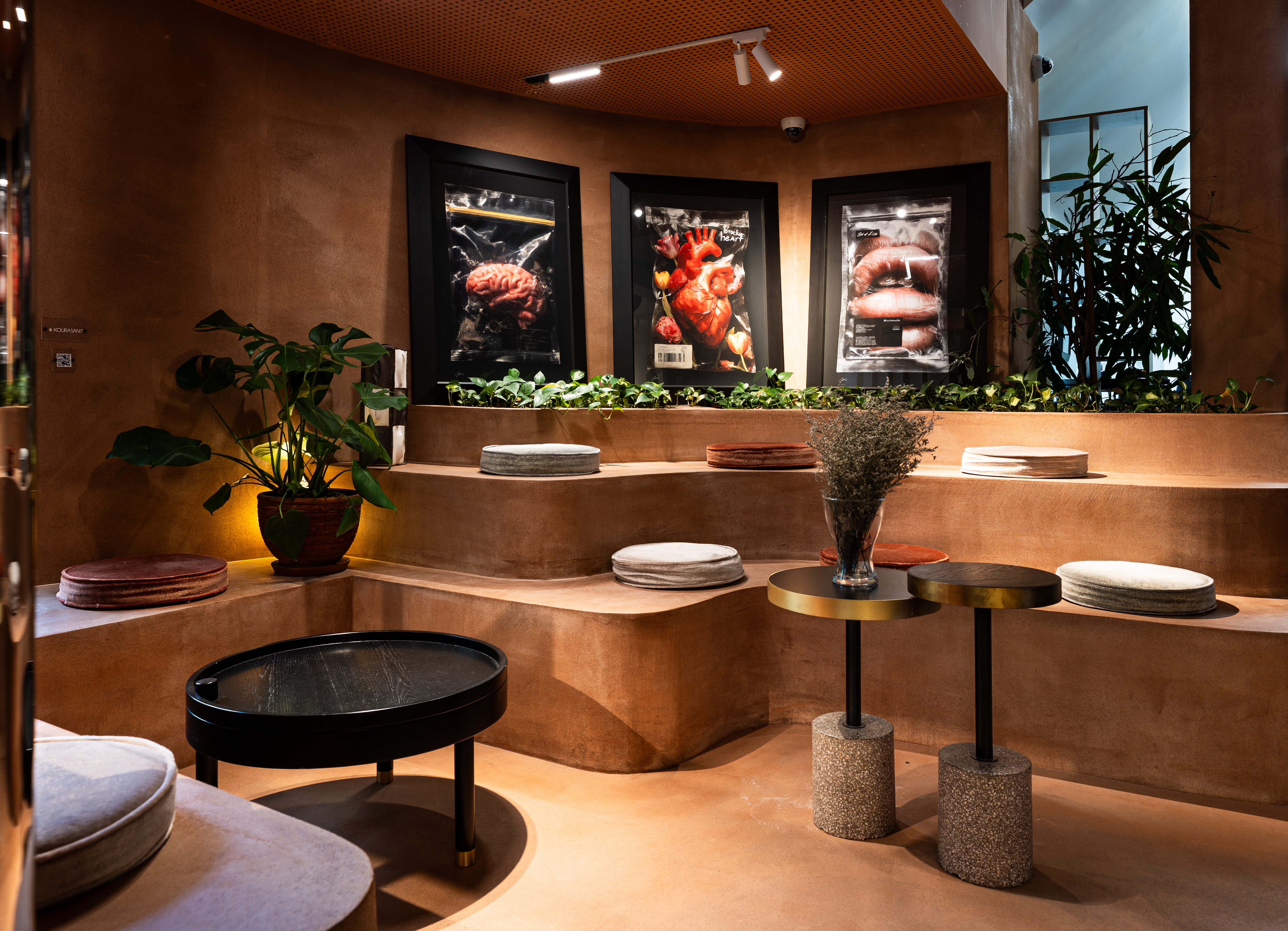 Terracotta steps with cushions and framed artworks